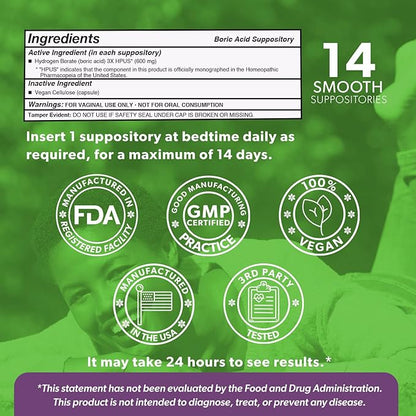 Intimate Rose Boric Acid Suppositories - Manages Odor - Promote pH Balance for Women Vaginal-Health - 14-Count Medical Grade Boric Acid (600mg)