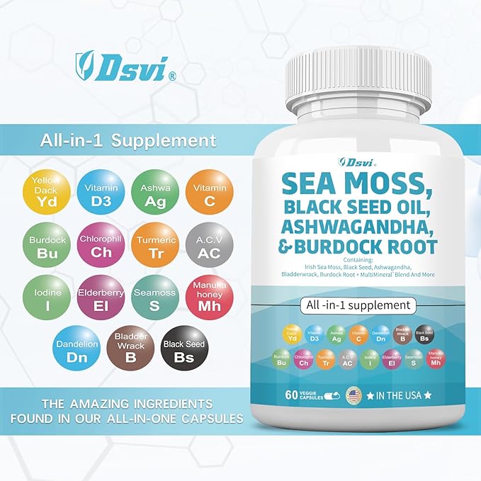 Sea Moss 3000mg Black Seed Oil 2000mg Ashwagandha 1000mg Bladderwrack 1000mg Turmeric 1000mg Burdock 1000mg Vitamin D3 Elderberry Women,60 Count