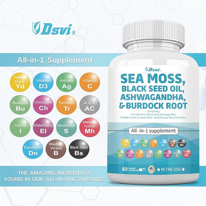 Sea Moss 3000mg Black Seed Oil 2000mg Ashwagandha 1000mg Bladderwrack 1000mg Turmeric 1000mg Burdock 1000mg Vitamin D3 Elderberry Women,60 Count
