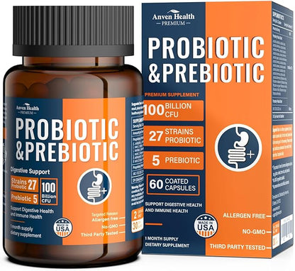 100 Billion Probiotics for Men and Women 27 Strains 5 Organic Prebiotics for Gut Digestive & Immune Health, Supports Diarrhea Gas Bloating, Vegan Probiotic Supplement Formula丨60 Caps