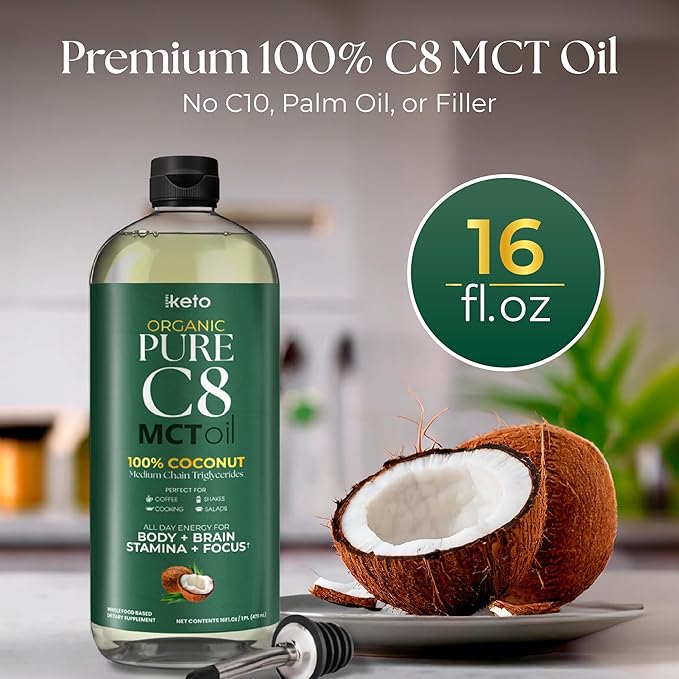 Keppi Keto Organic MCT Oil - Flavorless C8, Non-GMO, Certified Gluten-Free, Palm Oil Free, Vegan, Kosher, Halal, 16 oz Coconut Oil