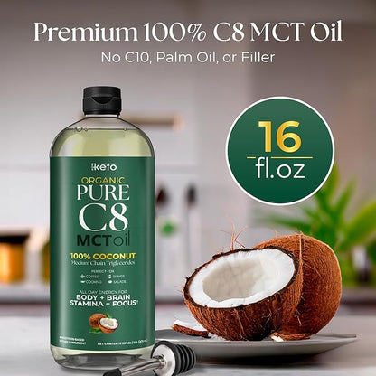 Keppi Keto Organic MCT Oil - Flavorless C8, Non-GMO, Certified Gluten-Free, Palm Oil Free, Vegan, Kosher, Halal, 16 oz Coconut Oil