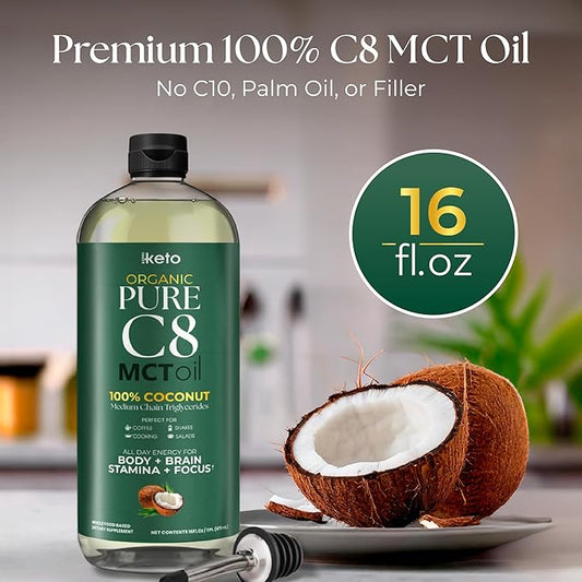 Keppi Keto Organic MCT Oil - Flavorless C8, Non-GMO, Certified Gluten-Free, Palm Oil Free, Vegan, Kosher, Halal, 16 oz Coconut Oil
