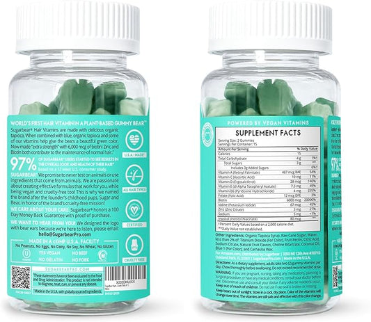 Sugarbear Hair Vitamin Gummy 1 Month Supply & 1 Pure Batana Natural Hair Growth Oil-Extra Strength Biotin 6000mcg, Women, Men, Vegan Vitamin B12, MSM, Inositol, Elderberry, Kosher, Halal, Cruelty-Free