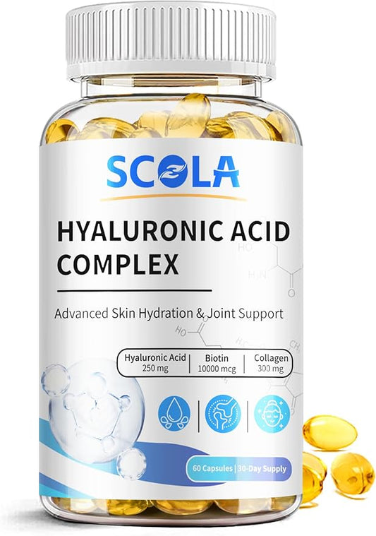 Hyaluronic Acid Supplements - Advanced Skin Hydration & Joint Support with 250 mg Hyaluronic Acid, Vitamin C, Collagen, and 10000 mcg Biotin - Anti-Aging, Skin, Supplement - 60 Vegan Capsules