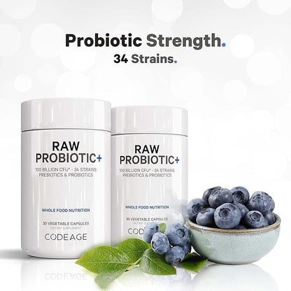 Codeage Raw Probiotic+ Supplement - 34 Probiotic Strains, 100 Billion CFUs, Raw Whole Food Probiotics, Digestive Enzymes, Raw Fruits & Veggies Prebiotics - Wild Kefir Culture - Non-GMO - 30 Capsules