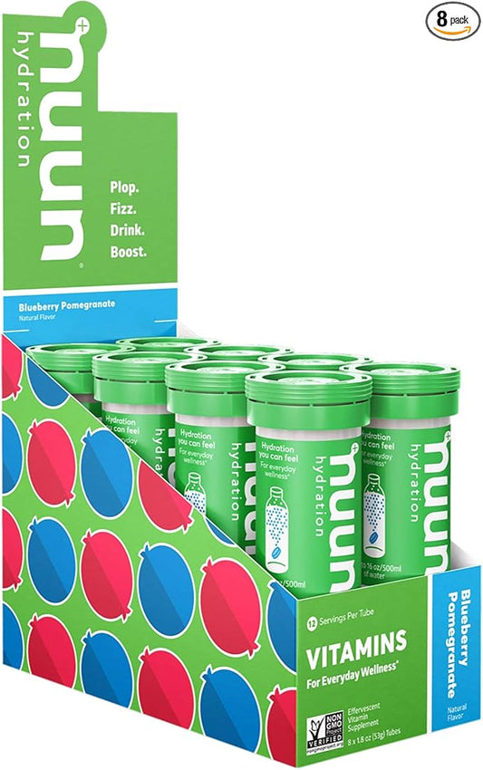 Nuun Hydration Vitamins Electrolyte Tablets, Blueberry Pomegranate, 5 Essential Electrolytes for Hydration + Vitamin A, B6, C, D, E, with Magnesium, Vegan, Non-GMO, 8 Pack (96'Servings)