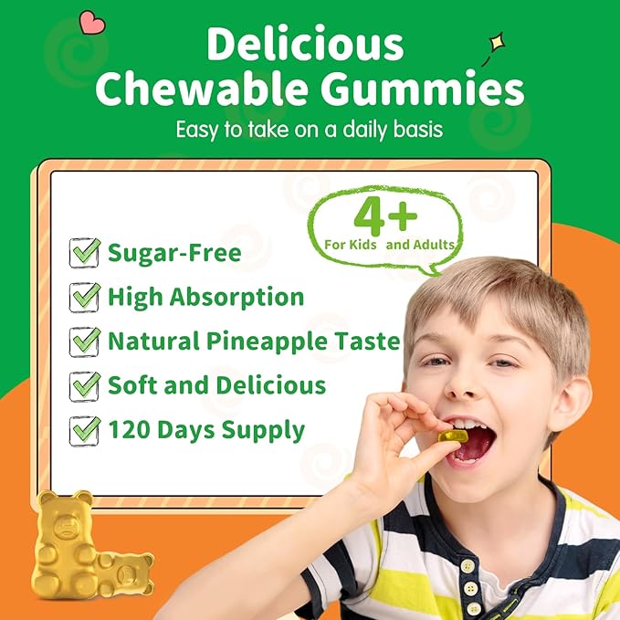 Magnesium Gummies for Kids - Magnesium Glycinate, L-Threonate Supplement with L-Theanine, Vitamin B6, D3 for Adults & Kids, Calm Magnesium for Sleep, Relaxation, Brain,Bones,Sugar Free Pineapple 120ct