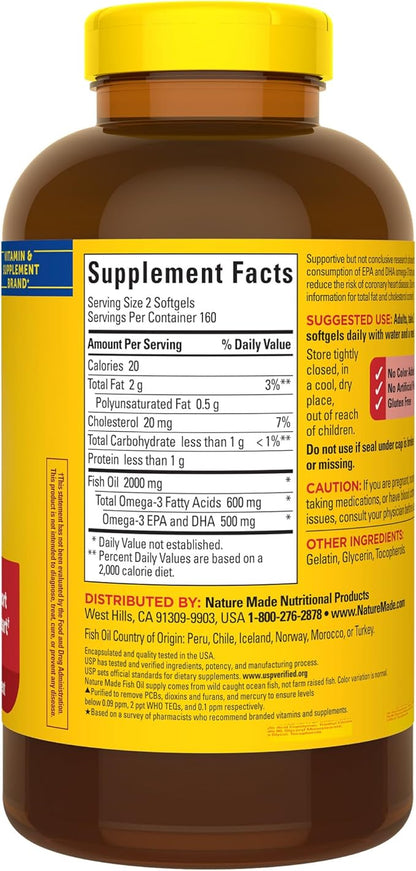 Nature Made Fish Oil 1000 mg Softgels, Fish Oil Supplements, Omega 3 Fish Oil for Healthy Heart Support, Omega 3 Supplement with 320 Softgels, 160 Day Supply