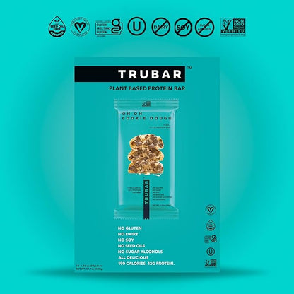 TRUBAR Vegan Protein Bar, Oh Oh Cookie Dough, Gluten Free, Plant Based, High Fiber, Dairy Free, Low Fat, Non GMO, No Sugar Alcohols, 12G Lean Protein, 13G Fiber, Healthy Snack Bars, 12 CT