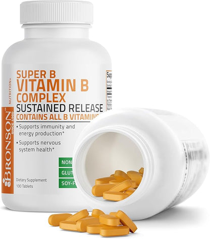 Bronson Super B Vitamin B Complex B1, B2, B2, B3, B3, B6, B6, B9 B9 - B12) Contains 100 Tablets
