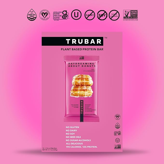 TRUBAR Vegan Protein Bar, Daydreaming About Donuts, Gluten Free, Plant Based Protein, Dairy Free, Non GMO, Soy Free, No Sugar Alcohols, 12G Protein, 12G Fiber, 23G Carb, On the Go Snack Bars, 12 CT