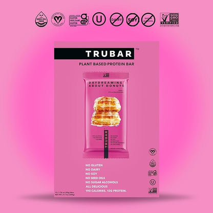 TRUBAR Vegan Protein Bar, Daydreaming About Donuts, Gluten Free, Plant Based Protein, Dairy Free, Non GMO, Soy Free, No Sugar Alcohols, 12G Protein, 12G Fiber, 23G Carb, On the Go Snack Bars, 12 CT