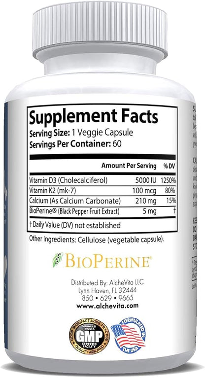 AlcheVita Vitamins D3 (5000 IU) + K2 (mk7) (mk7) + (210mg)- Maximum (3-in-1 Formula) 60 Capsules
