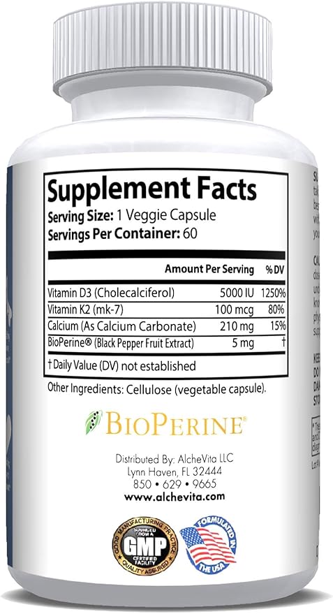 AlcheVita Vitamins D3 (5000 IU) + K2 (mk7) (mk7) + (210mg)- Maximum (3-in-1 Formula) 60 Capsules