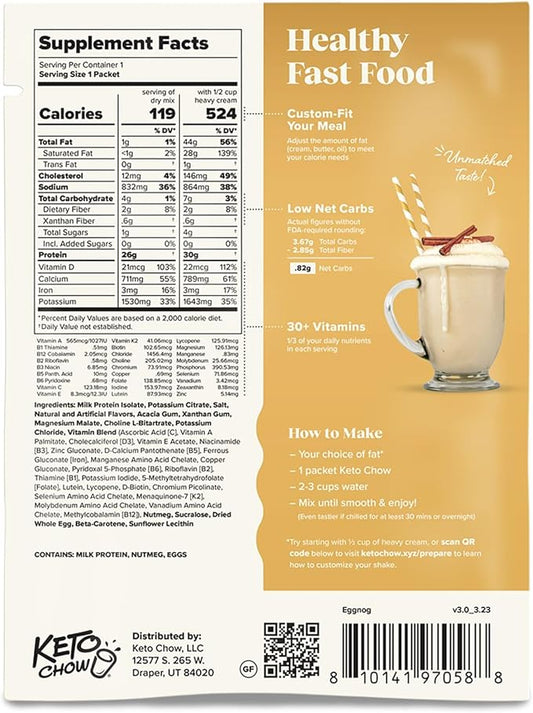 Keto Chow Holiday Eggnog | Keto Meal Replacement Shake Powder | Nutritionally Complete Keto Food | Low Carb Keto Meals | Delicious Easy Meal Substitute Drink | Protein Rich You Choose The Fat| Single Meal Sample