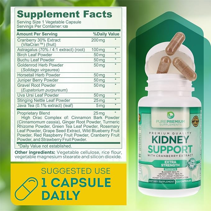 PurePremium Supplements Kidney Support Supplement for Men & Women - with Cranberry Extract to Support Urinary Tract, Normal Bladder Function & Supports Kidney's Health - 4 Months Supply - 120 Capsules