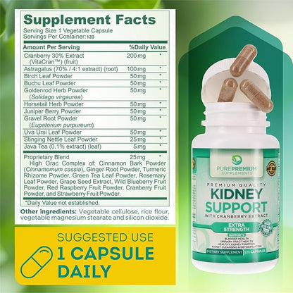 PurePremium Supplements Kidney Support Supplement for Men & Women - with Cranberry Extract to Support Urinary Tract, Normal Bladder Function & Supports Kidney's Health - 4 Months Supply - 120 Capsules