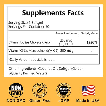 D3 K2 Vitamin 10000 IU + MK-7 200mcg Softgels, K2 D3 Vitamin Supplement with Coconut Oil for Bone, Teeth Health, Support Muscle & Heart Health, 90 Count