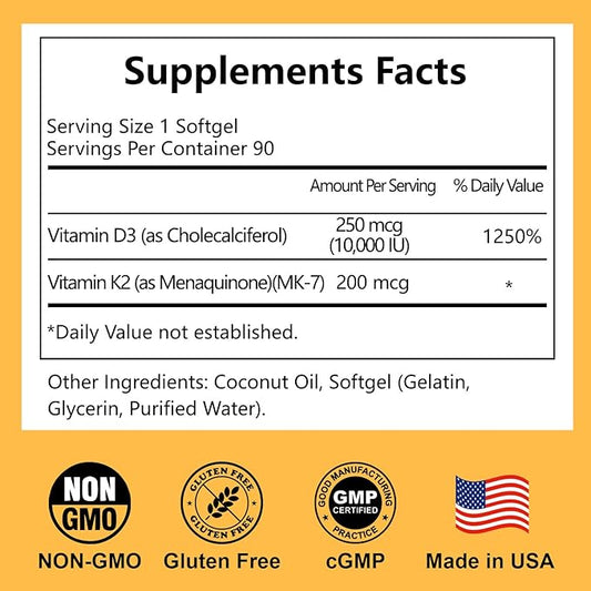 D3 K2 Vitamin 10000 IU + MK-7 200mcg Softgels, K2 D3 Vitamin Supplement with Coconut Oil for Bone, Teeth Health, Support Muscle & Heart Health, 90 Count