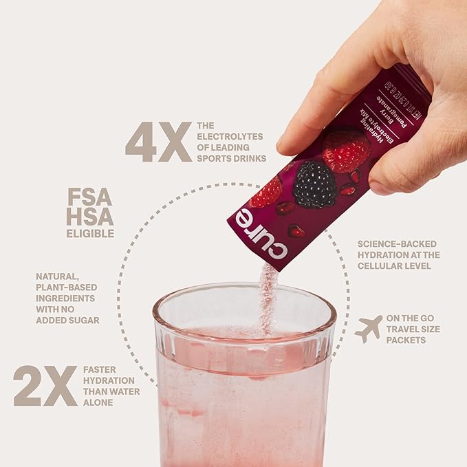 Cure Hydrating Plant Based Electrolyte Mix | Powder for Dehydration Relief | Made with Coconut Water | Non-GMO | No Added Sugar | FSA & HSA | Vegan | Pouch of 14 Packets - Berry Pomegranate