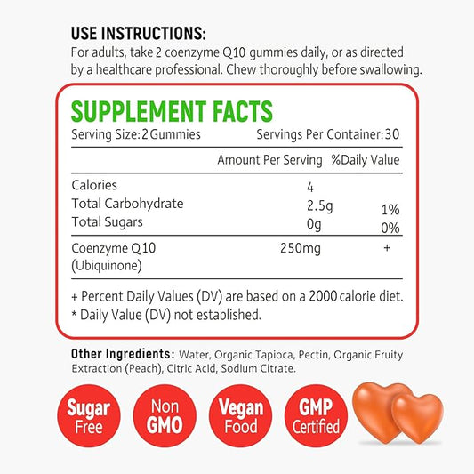 Sugar Free CoQ10 Gummies 250mg, 5X Q10 for 60 Peach