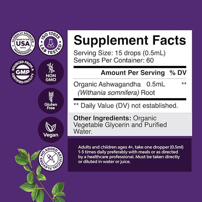 USDA Organic Ashwagandha Liquid Drops (2 Pack)