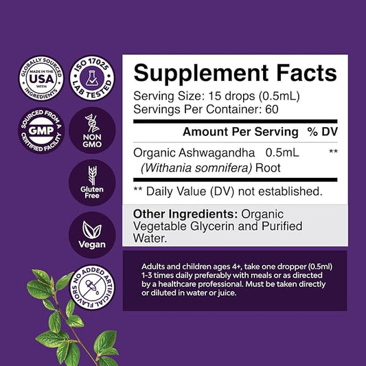 USDA Organic Ashwagandha Liquid Drops (2 Pack)