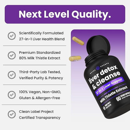 Liver Cleanse Detox & Repair Formula | 20+ Herbs: Milk Thistle Extract with Silymarin, Artichoke, Dandelion, Chicory Root Powder & More! | Premium Liver Support Pills Supplement, 60 Capsules