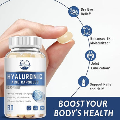 Hyaluronic Acid Supplements, 850mg High Bioavailable Hyaluronic Acid Capsules, Skin Hydration, Hair & Nails Support, 60 Softgels, 1 Pack