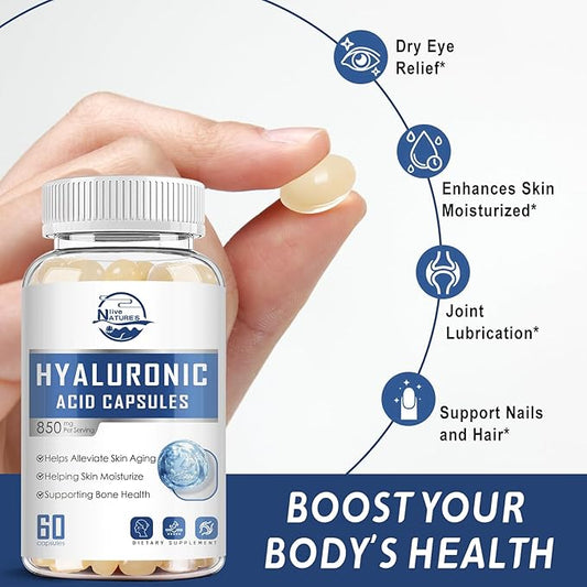 Hyaluronic Acid Supplements, 850mg High Bioavailable Hyaluronic Acid Capsules, Skin Hydration, Hair & Nails Support, 60 Softgels, 1 Pack