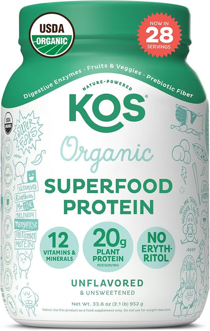 KOS Vegan Protein Powder, Unflavored & Unsweetened 28 Servings