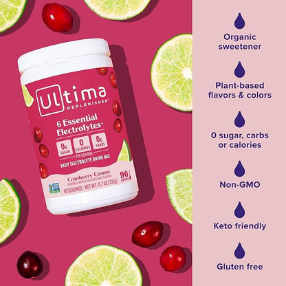 Ultima Replenisher Daily Electrolyte Powder Drink Mix – Cranberry Cosmo, 90 Servings – Hydration Powder with 6 Key Electrolytes and Trace Minerals – Keto Friendly, Non-GMO and Sugar-Free