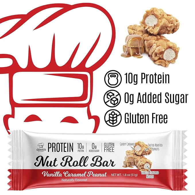 Genius Gourmet Protein Nut Roll Bars Vanilla Caramel Peanut - 10g Protein, Zero Added Sugar, Gluten Free, Non-GMO - Sweet Protein Snack & Protein Dessert for Adults and Kids - 10 Ct Box