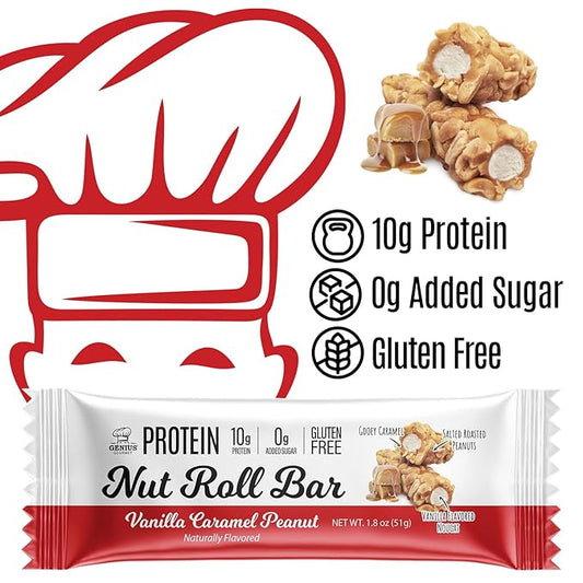 Genius Gourmet Protein Nut Roll Bars Vanilla Caramel Peanut - 10g Protein, Zero Added Sugar, Gluten Free, Non-GMO - Sweet Protein Snack & Protein Dessert for Adults and Kids - 10 Ct Box