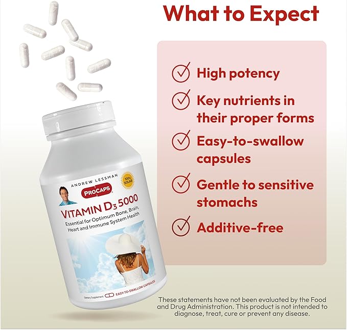 ANDREW LESSMAN Vitamin D3 5000 IU 60 Capsules – High Potency, Essential for Calcium Absorption, Supports Bone Health, Healthy Muscle Function, Immune System and More. Small Easy to Swallow Capsules