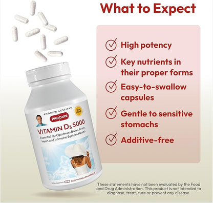 ANDREW LESSMAN Vitamin D3 5000 IU 60 Capsules – High Potency, Essential for Calcium Absorption, Supports Bone Health, Healthy Muscle Function, Immune System and More. Small Easy to Swallow Capsules