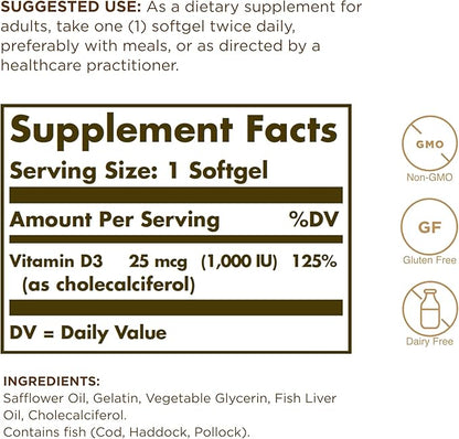 Solgar Vitamin D3 (Cholecalciferol) 25 MCG (1000 IU), 250 Softgels 250 Servings