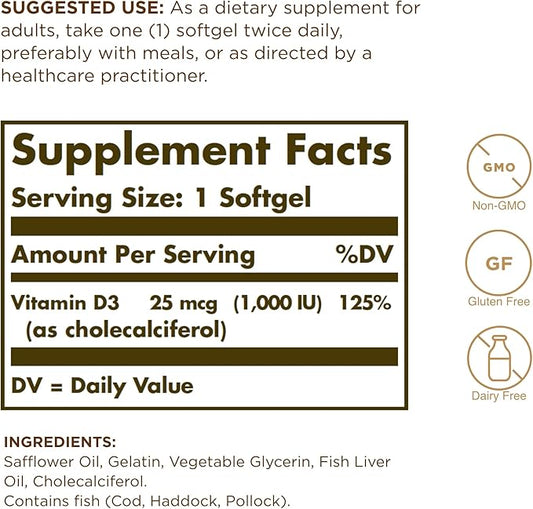 Solgar Vitamin D3 (Cholecalciferol) 25 MCG (1000 IU), 250 Softgels 250 Servings