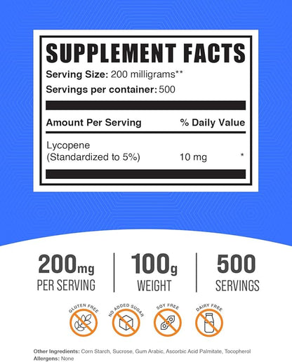 BulkSupplements.com Lycopene Powder - Lycopene Supplement, Lycopene 10mg - Antioxidants Supplement, Gluten Free, 200mg per Serving, 100g (3.5 oz) (Pack of 1)