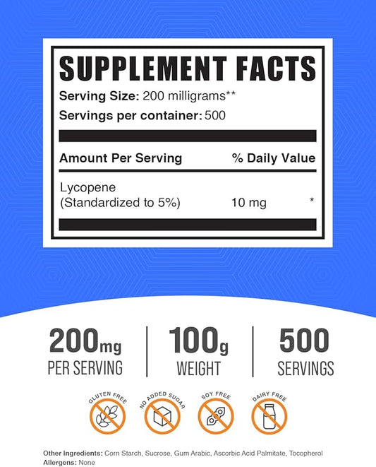 BulkSupplements.com Lycopene Powder - Lycopene Supplement, Lycopene 10mg - Antioxidants Supplement, Gluten Free, 200mg per Serving, 100g (3.5 oz) (Pack of 1)