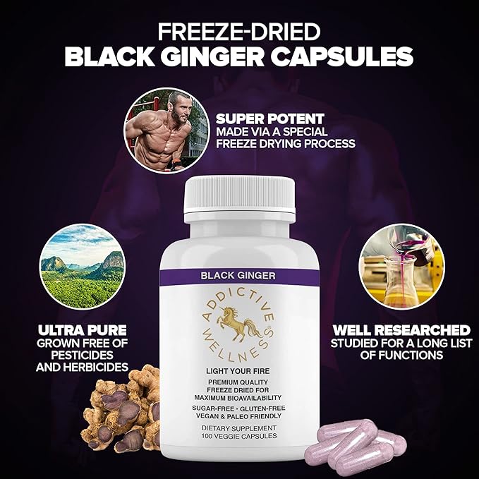 Addictive Wellness Thai Black Ginger for Men, Thai Black Ginger Supplement to Support Energy Metabolism, Endurance & Performance, Freeze Dried Black Ginger Capsules 450mg, Vegan & Paleo, 100 Count