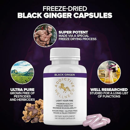 Addictive Wellness Thai Black Ginger for Men, Thai Black Ginger Supplement to Support Energy Metabolism, Endurance & Performance, Freeze Dried Black Ginger Capsules 450mg, Vegan & Paleo, 100 Count