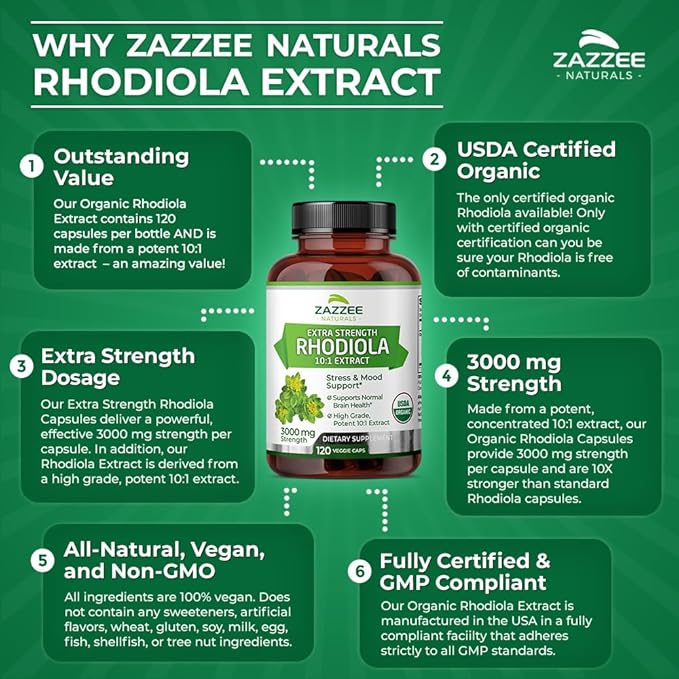 Zazzee USDA Organic Rhodiola 10:1 Exract, 3000 mg 120 Capsules, 4 Month 10X Extract, 100% Vegetarian,