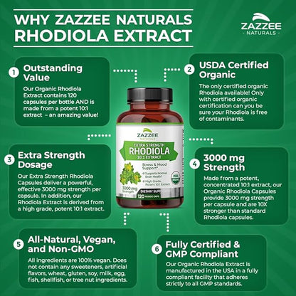Zazzee USDA Organic Rhodiola 10:1 Exract, 3000 mg 120 Capsules, 4 Month 10X Extract, 100% Vegetarian,