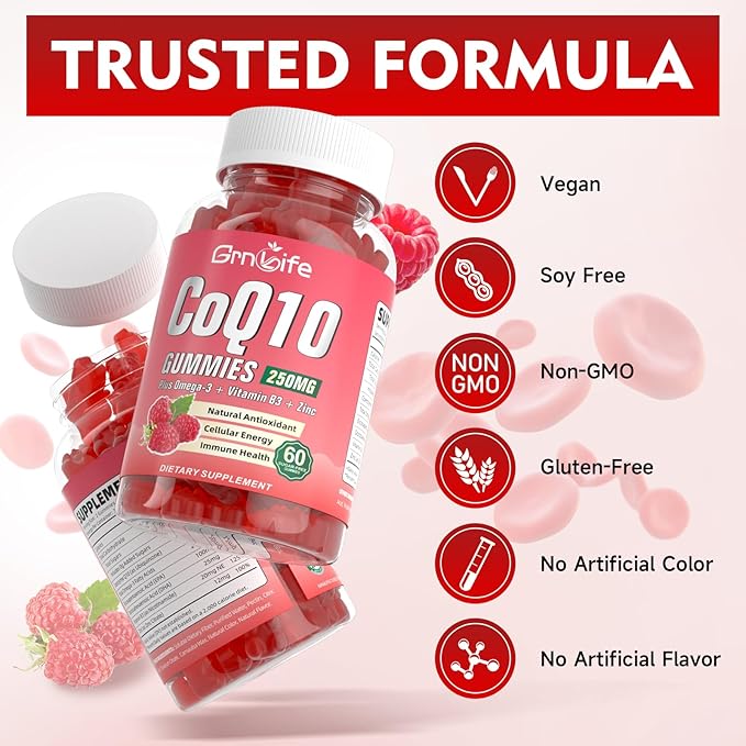Sugar Free CoQ10 Gummies, CoQ10 250mg, Plus Omega-3, Vitamin B3 & Zinc, High Absorption Coenzyme Q10 Supplements for Cellular Energy, Antioxidant, Raspberry Flavor, 120 Count
