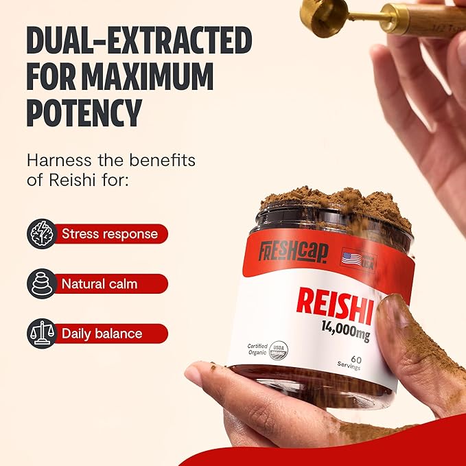FreshCap Reishi Mushroom Powder 14,000mg - Reishi Mushroom Extract, Mushroom Supplement Powder, Organic Mushroom Powder, Ayurveda Nootropic Red Reishi Supplement Mushroom Blend (60 Servings)