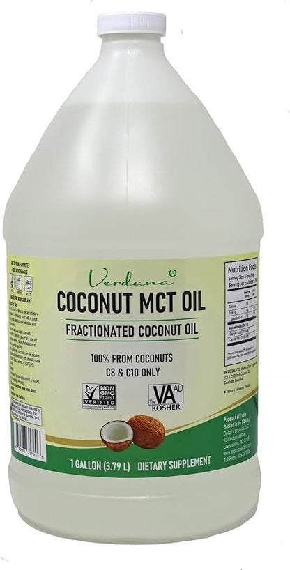 Verdana Coconut MCT Oil, Fractionated, Genuine 100% Coconut Derived, Kosher Food Grade, Vegan, NON-GMO, Great for Keto and Paleo Diet, Ayurvedic Oil Pulling Oral Rinse Mouthwash (1 Gallon)