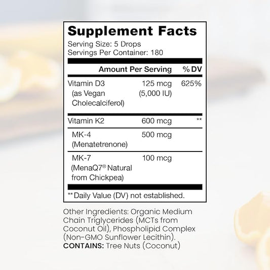 Vegan D3 + K2 Organic 100% Liposomal | 180 Servings | Maximum Absorption Vitamin D3 and Vitamin K2 Supplements for Men and Women, D3 Vitamin 5000 IU, Liquid Vitamin D3 with K2 - 20 mL Bottle