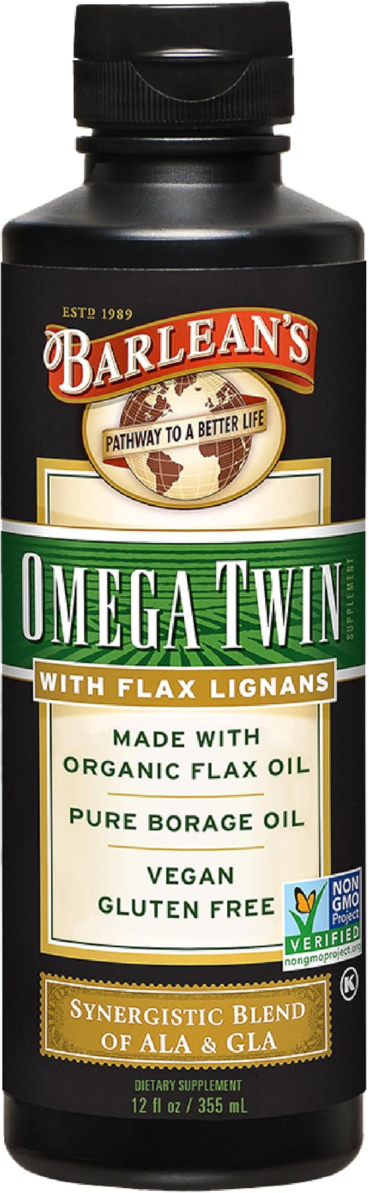 Barlean's Omega Twin Liquid Flaxseed Oil 6,010mg ALA 465mg GLA 12 oz